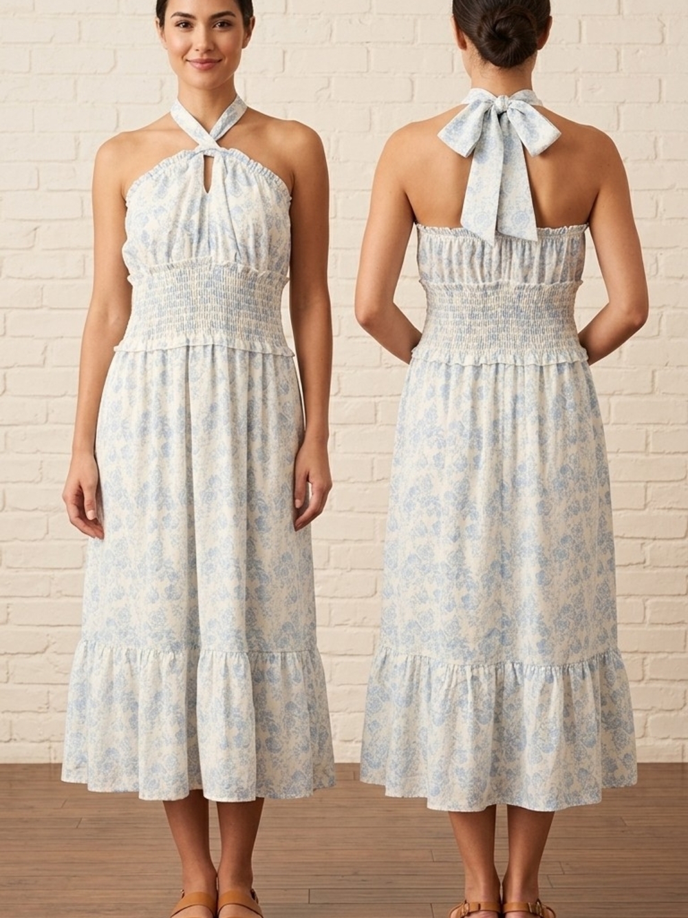 Trixxi Light Blue & White Halter Smocked Midi Dress
